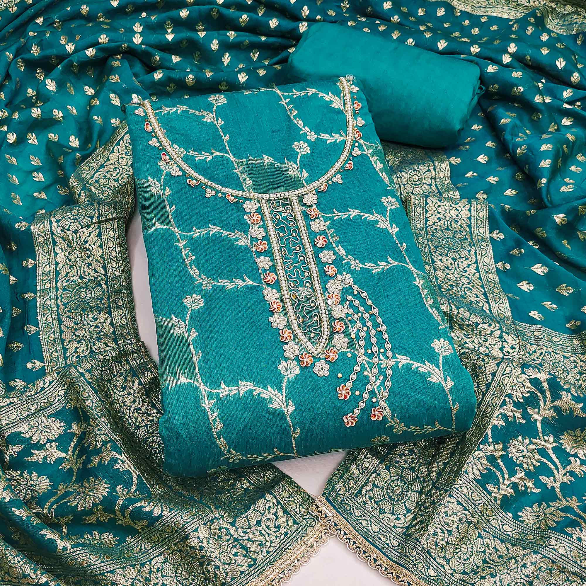Rama Blue Floral Weaving Banarasi Silk Dress Material Featuring Sequins & Moti Handwork