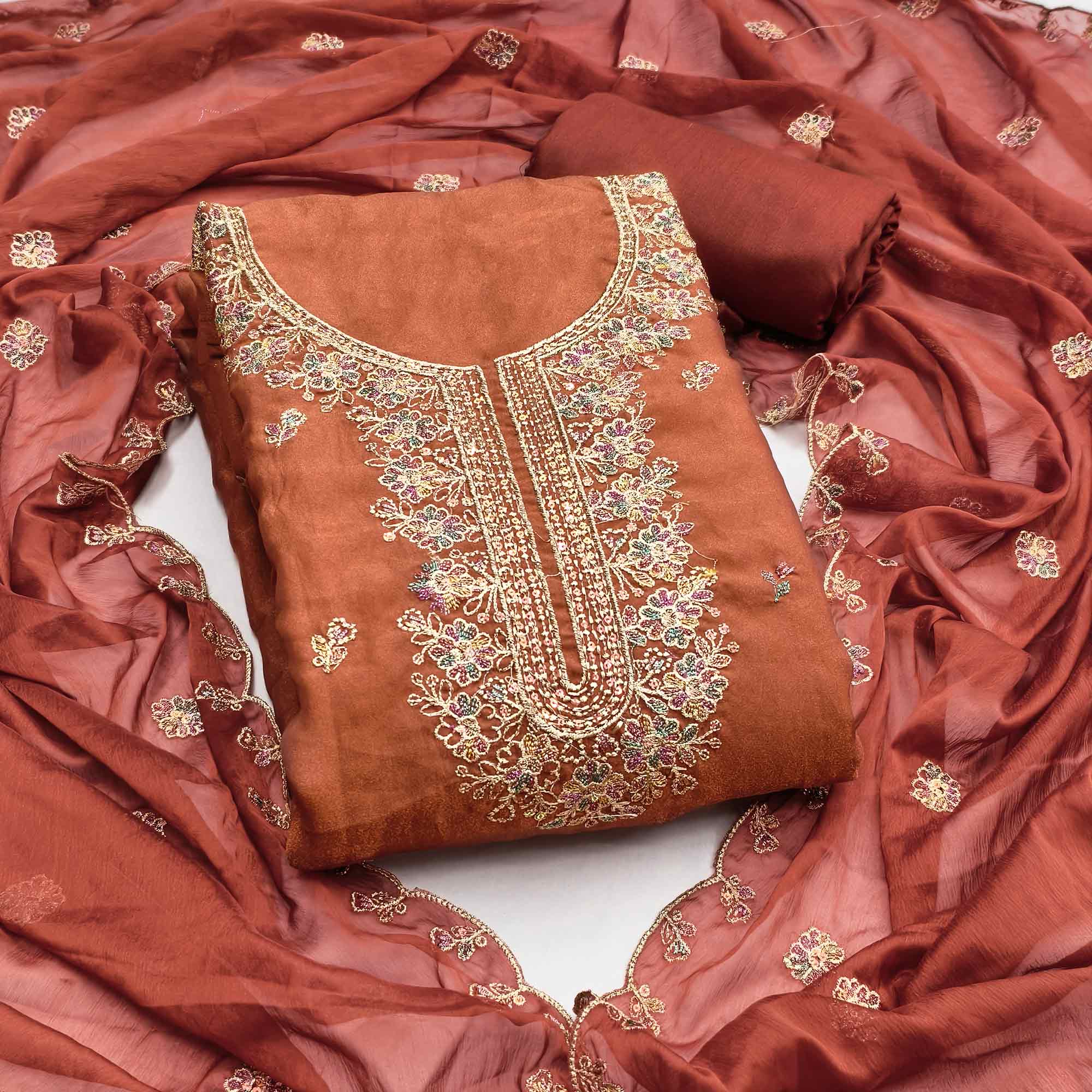 Graceful Rust Floral Sequins Embroidered With Handwork Georgette Dress Material