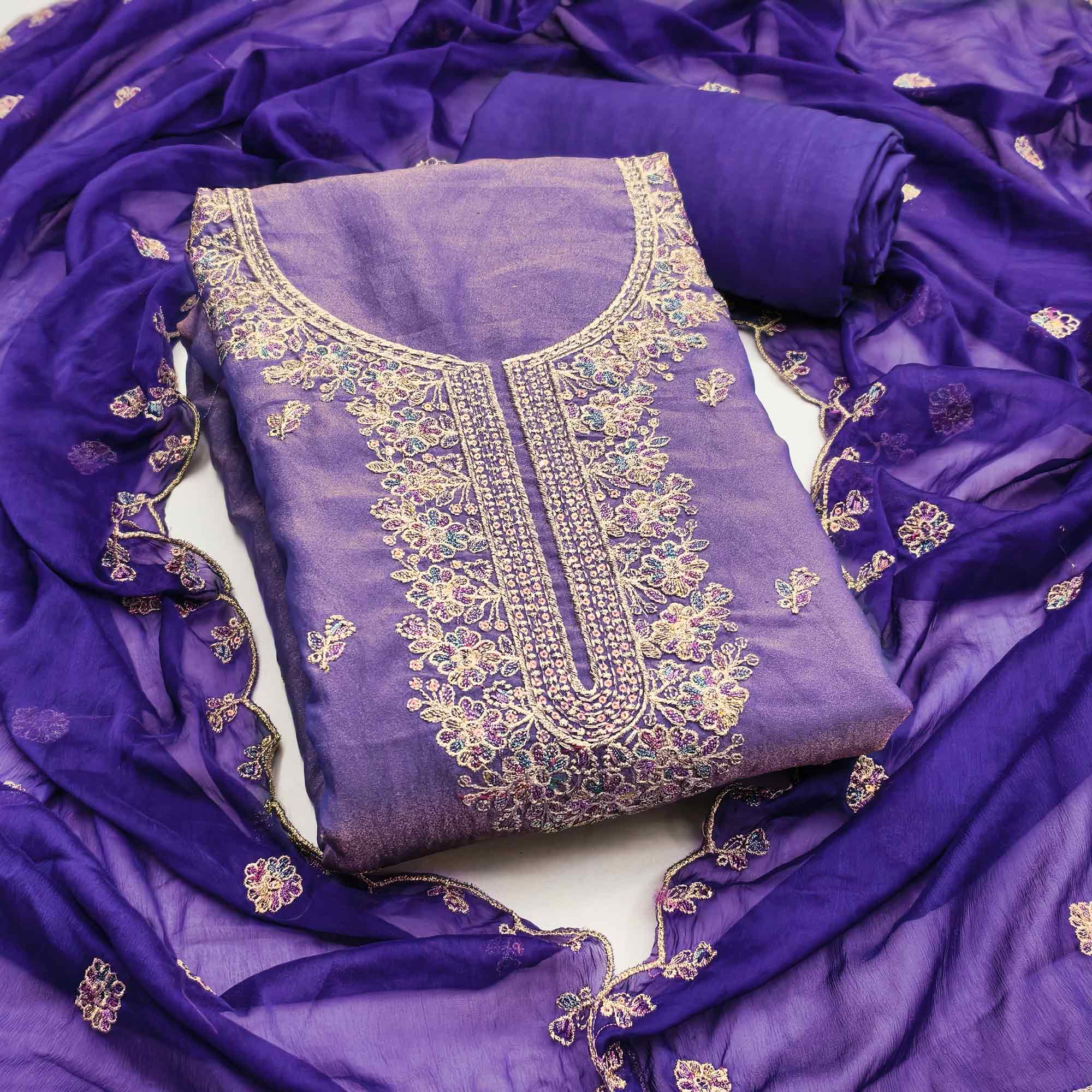 Graceful Royal Purple Floral Sequins Embroidered With Handwork Georgette Dress Material