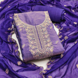 Graceful Royal Purple Floral Sequins Embroidered With Handwork Georgette Dress Material