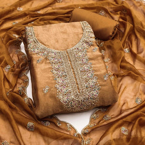Graceful Light Brown Floral Sequins Embroidered With Handwork Georgette Dress Material