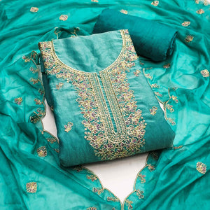 Graceful Turquoise Floral Sequins Embroidered With Handwork Georgette Dress Material