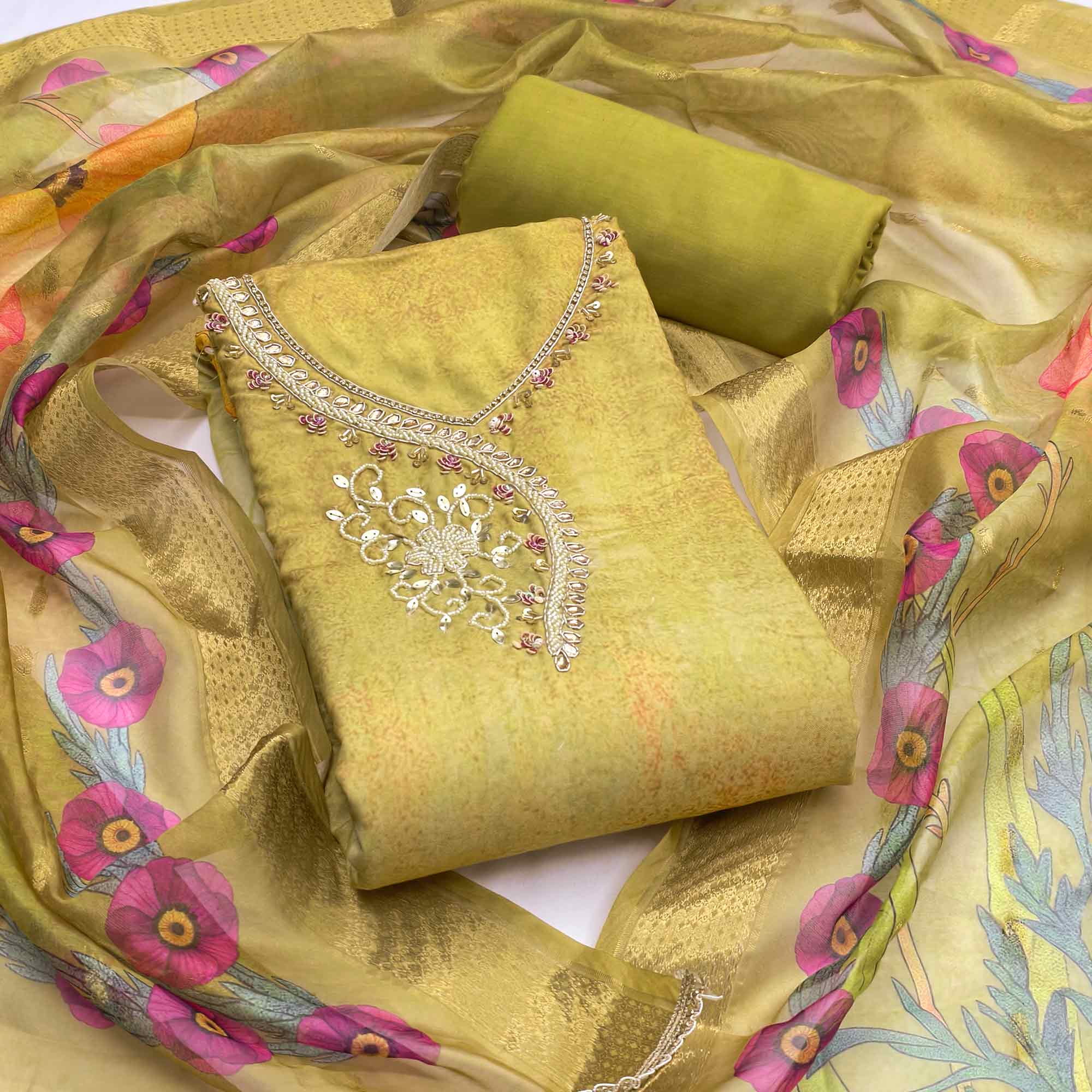 Charming Green Floral Digital Printed Rayon Dress Material With Sequins & Moti Handwork