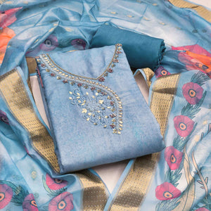 Charming Greyish Blue Floral Digital Printed Rayon Dress Material With Sequins & Moti Handwork