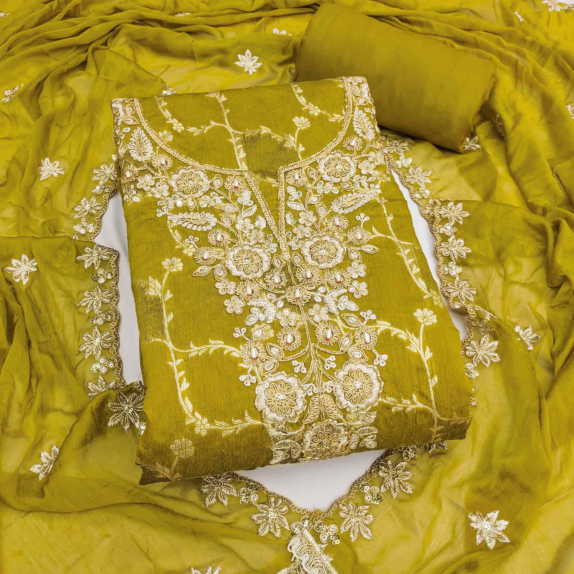 Luxury Green Floral Weaving Banarasi Silk Dress Material With Fine Sequins Cording Hand Embroidery