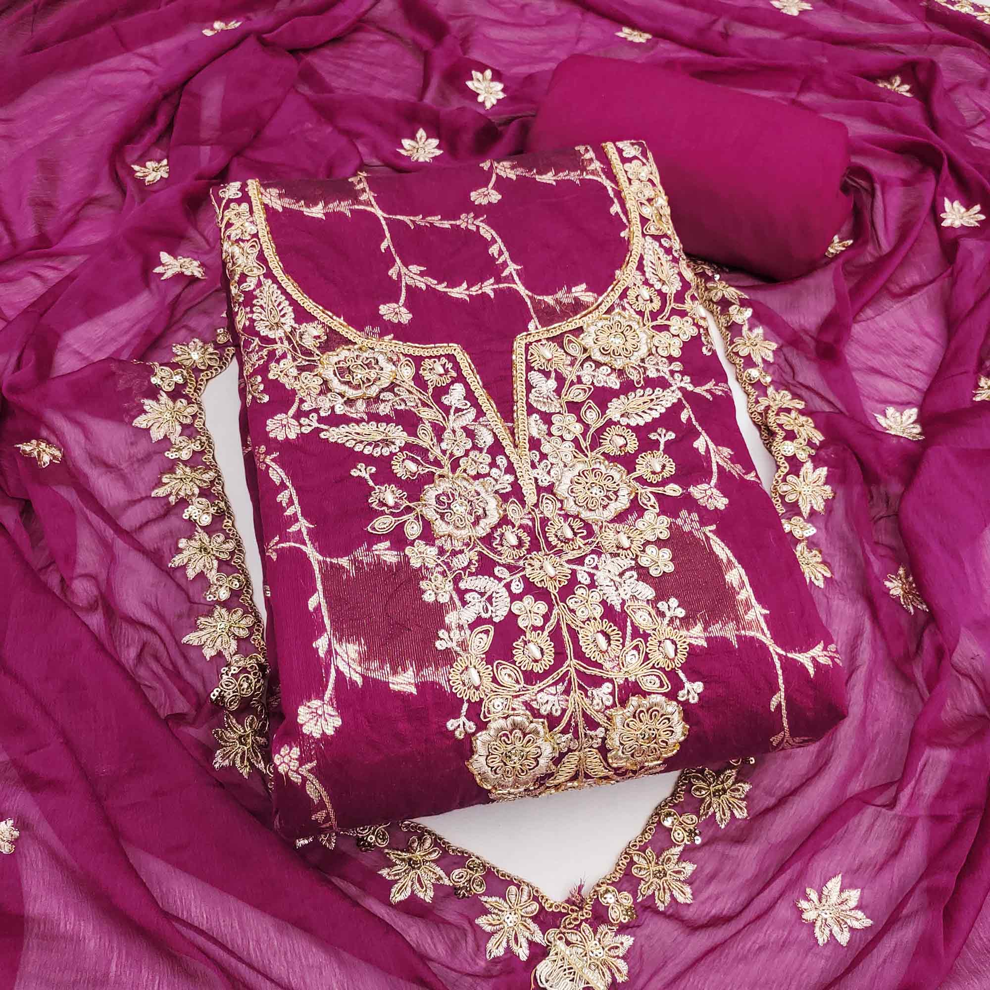 Luxury Magenta Floral Weaving Banarasi Silk Dress Material With Sequins Cording Hand Embroidery