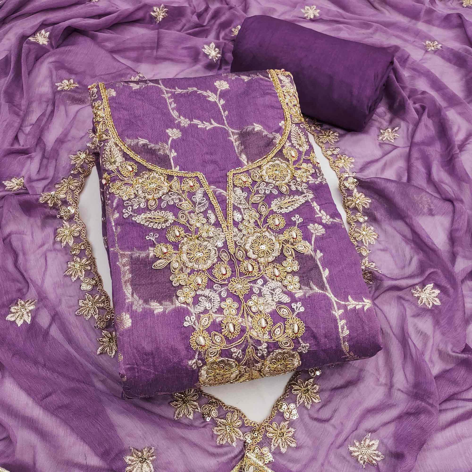 Luxury Purple Floral Weaving Banarasi Silk Dress Material With Fine Sequins Cording Hand Embroidery
