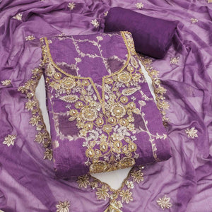 Luxury Purple Floral Weaving Banarasi Silk Dress Material With Fine Sequins Cording Hand Embroidery