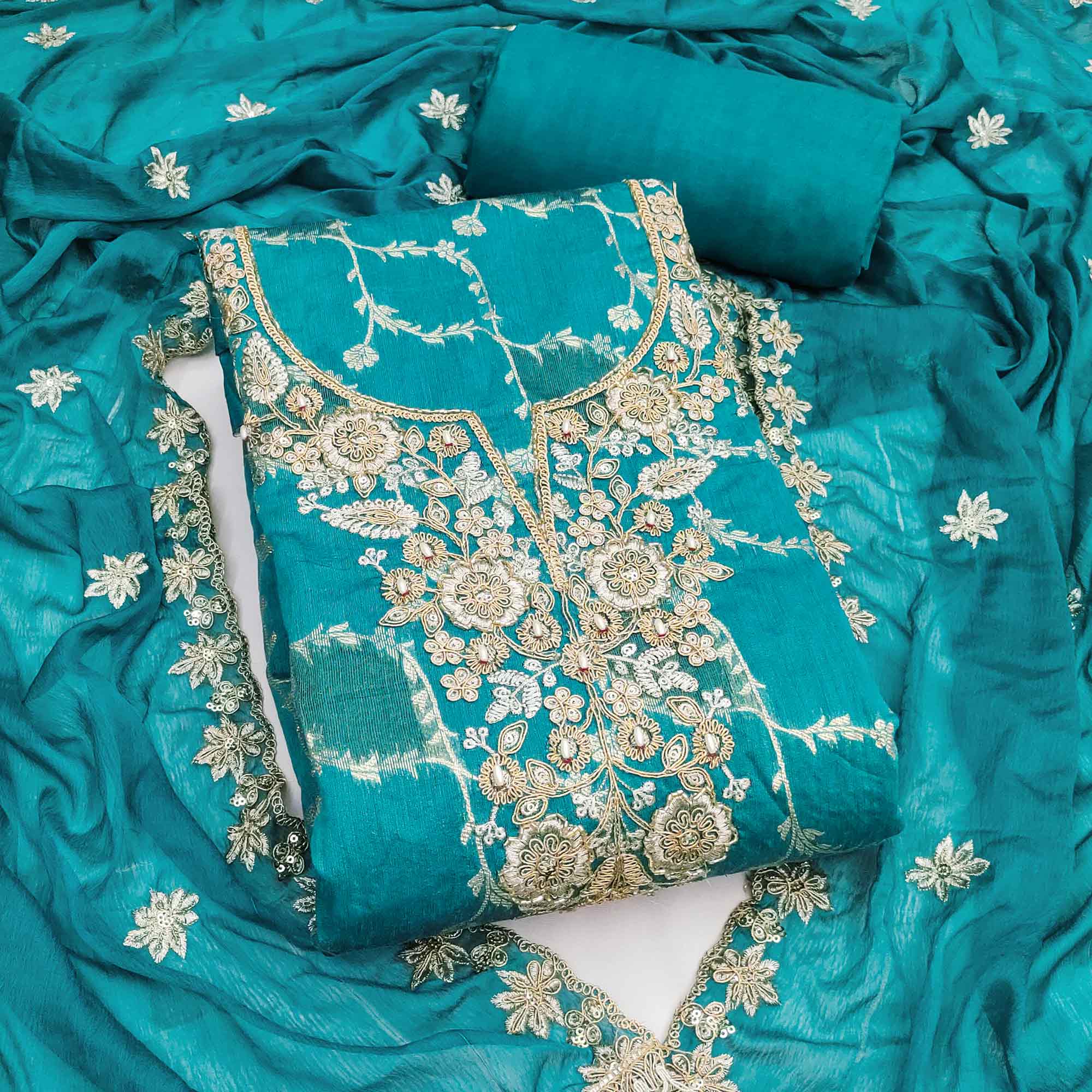 Luxury Rama Blue Floral Weaving Banarasi Silk Dress Material With Sequins Cording Hand Embroidery