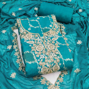 Luxury Rama Blue Floral Weaving Banarasi Silk Dress Material With Sequins Cording Hand Embroidery