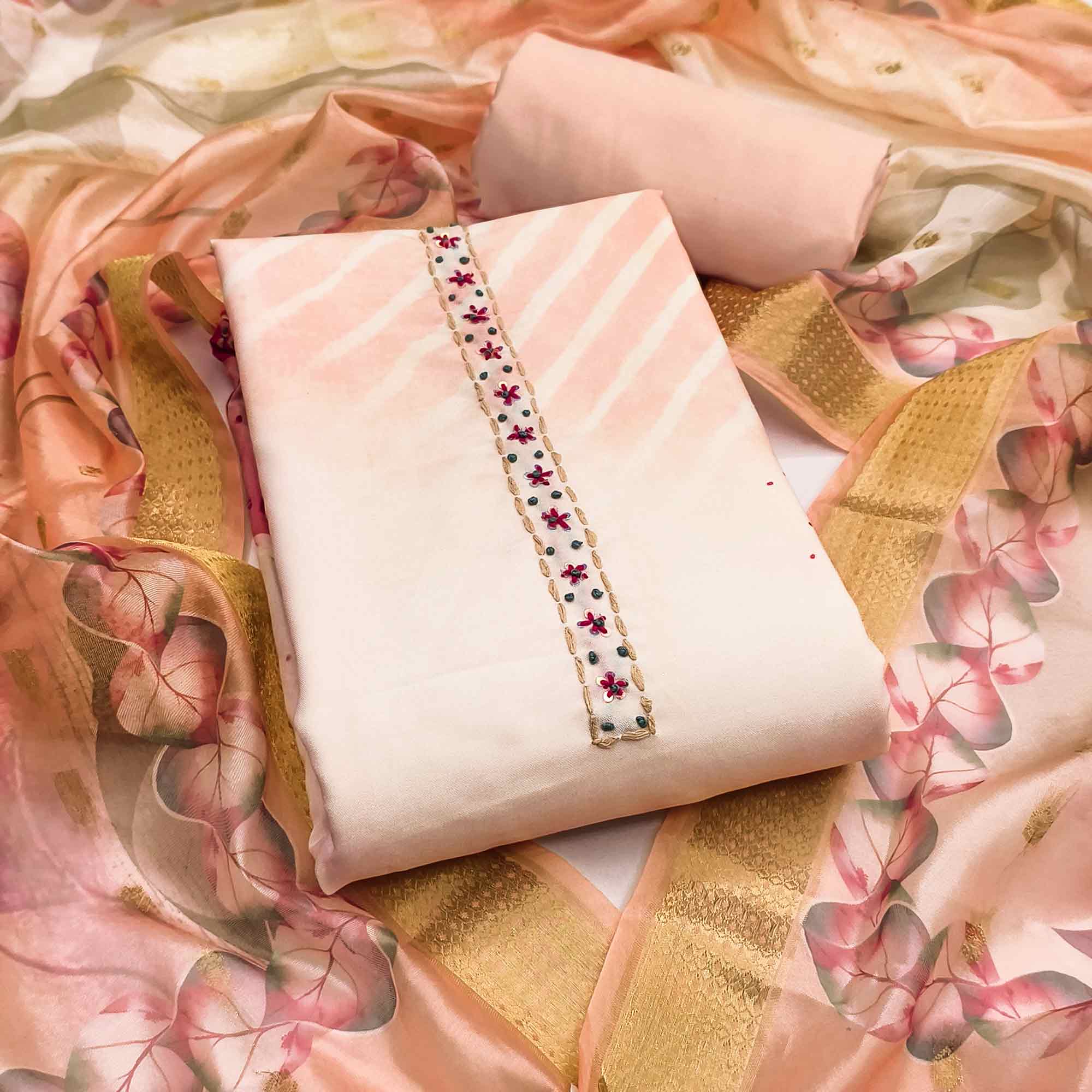 Fresh Peach Leaf Digital Printed Rayon Dress Material With Sequins & Delicate Handwork