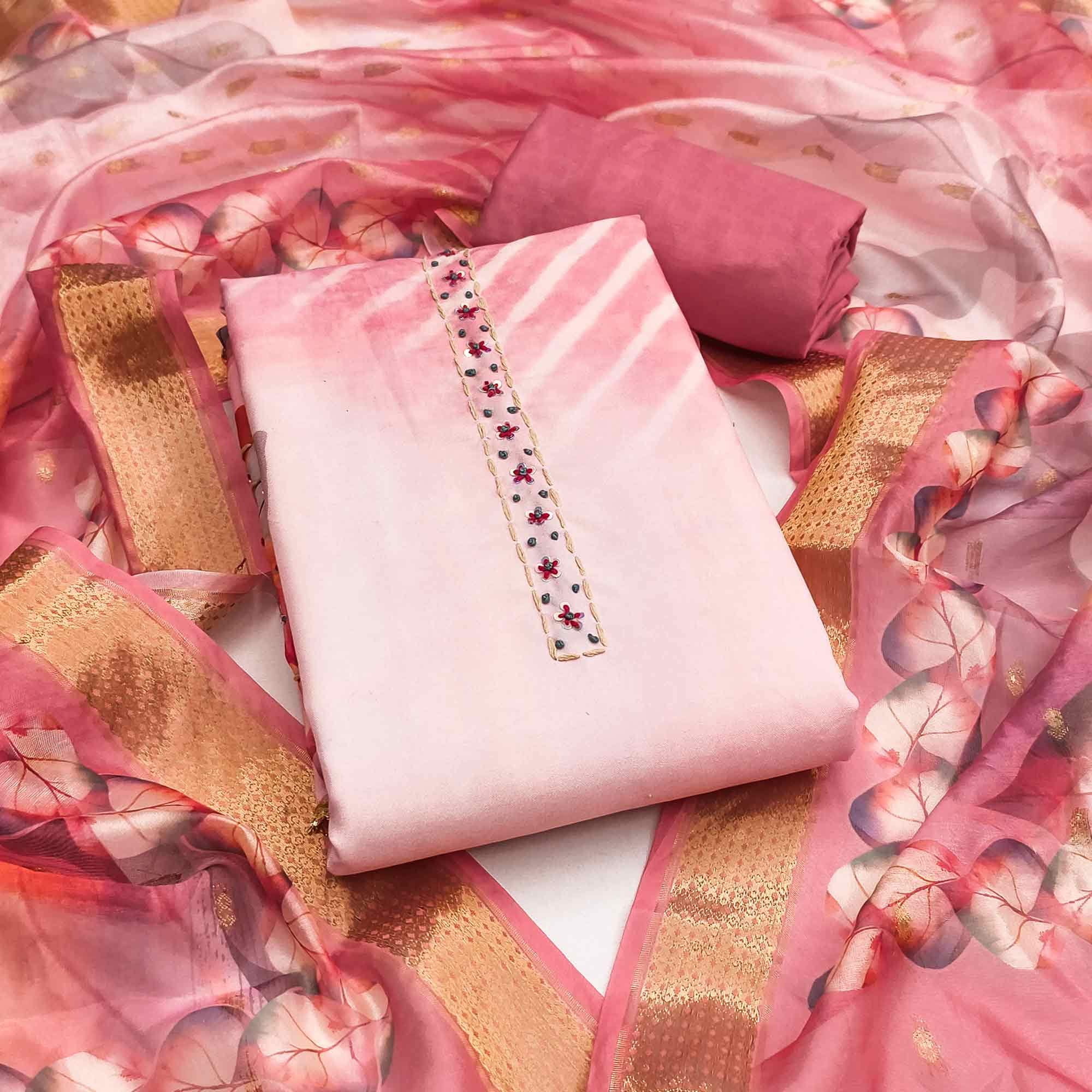 Fresh Pink Leaf Digital Printed Rayon Dress Material With Sequins & Delicate Handwork