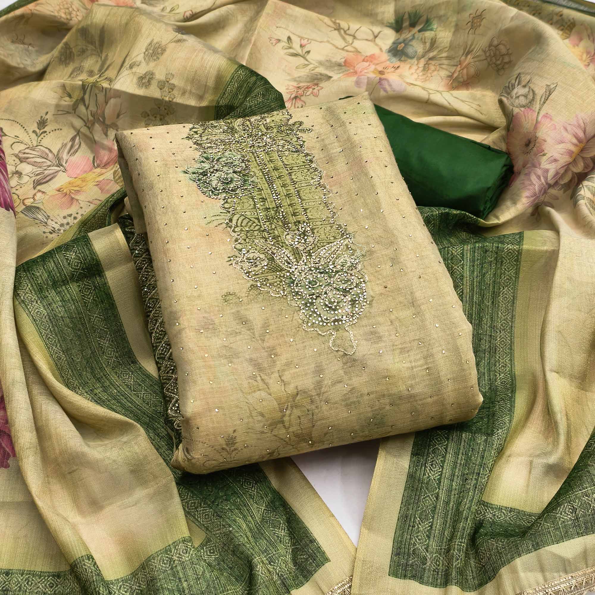 Sophisticated Green Floral Digital Print With Swarovski Work Shimmer Dress Material