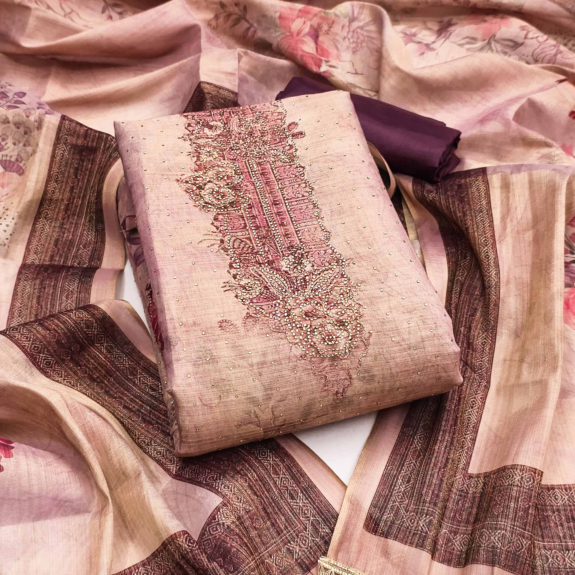 Sophisticated light purple Floral Digital Print With Swarovski Work Shimmer Dress Material