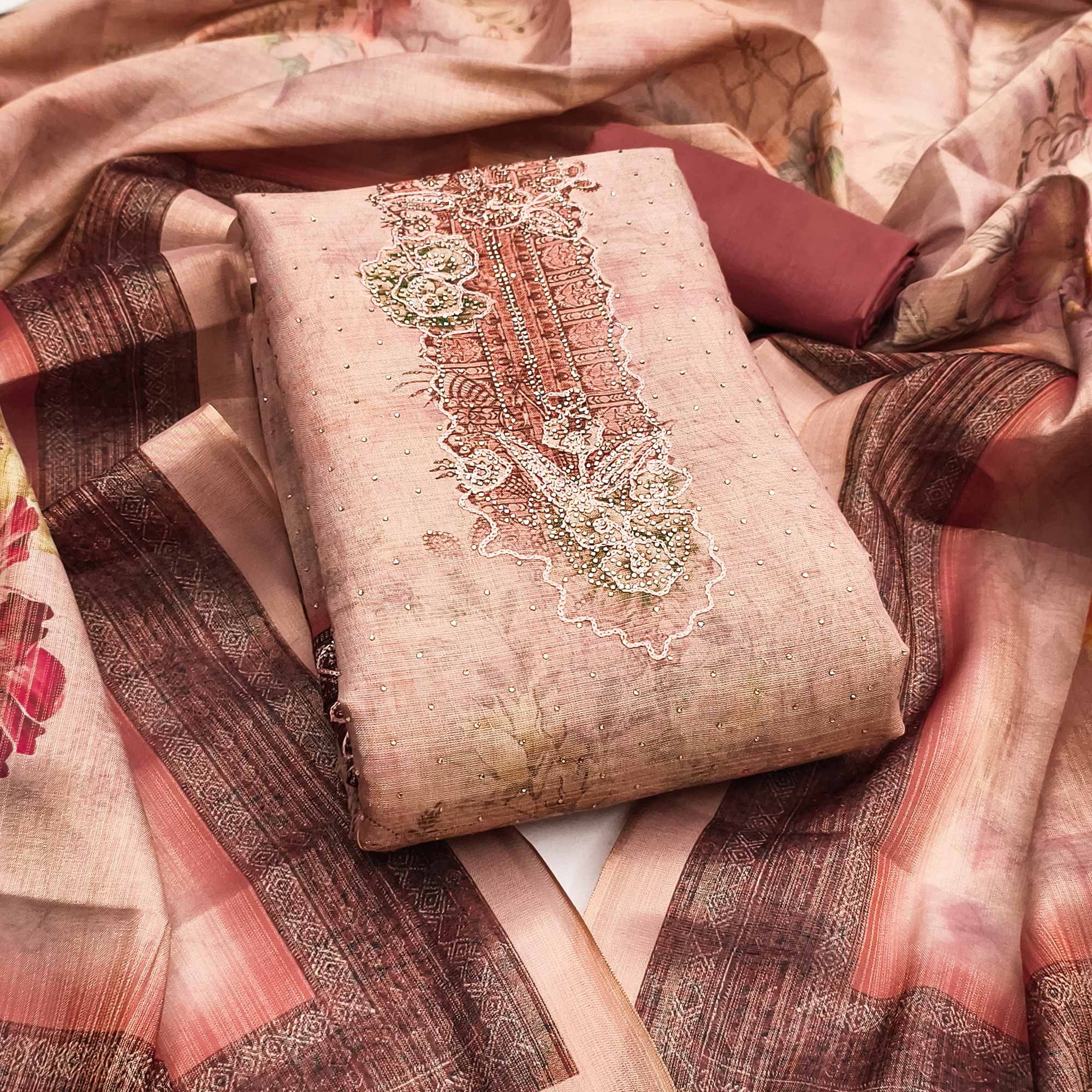 Sophisticated Peach Floral Digital Print With Swarovski Work Shimmer Dress Material