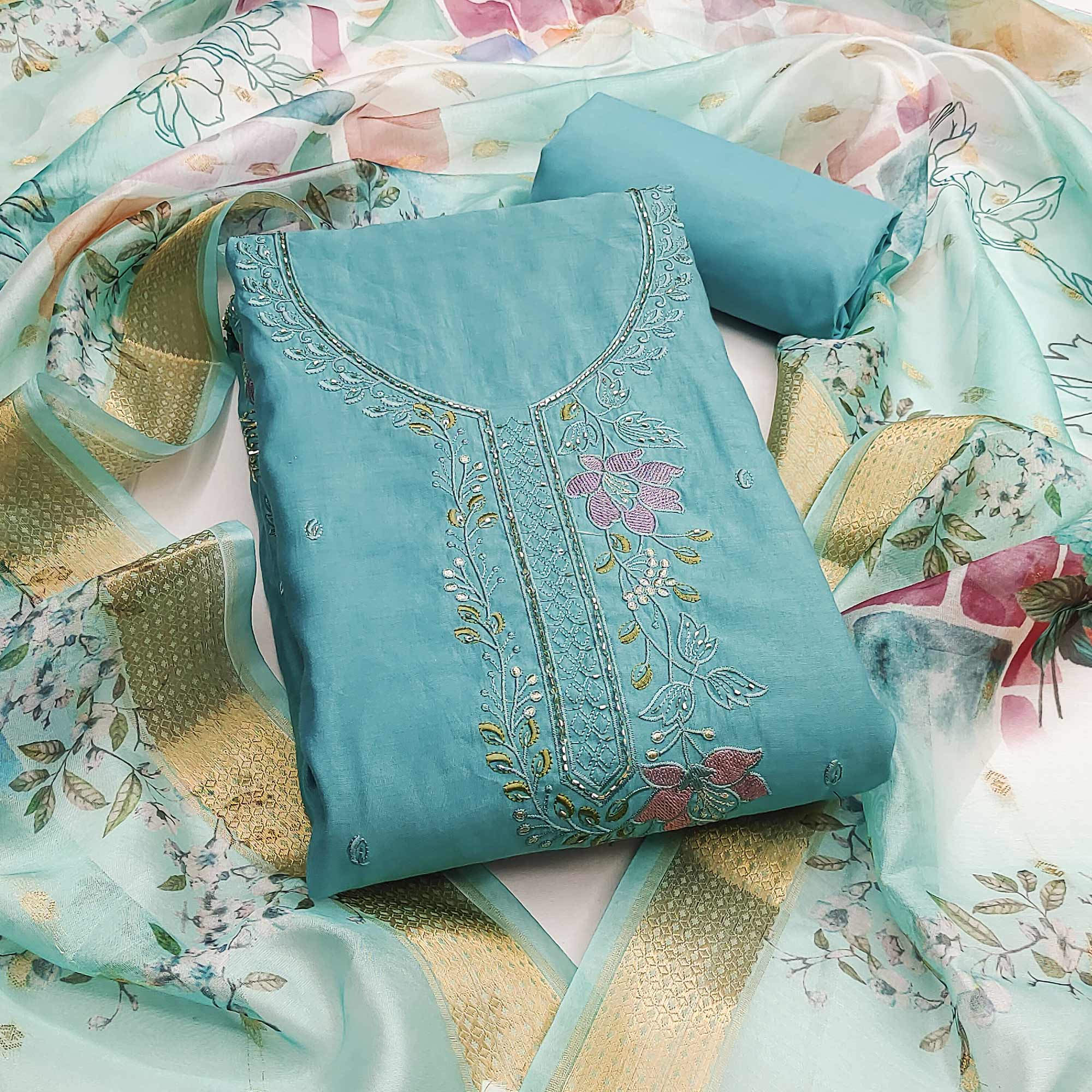 Charming Blue Floral Thread Embroidered With Artful Handwork Cotton Silk Dress Material