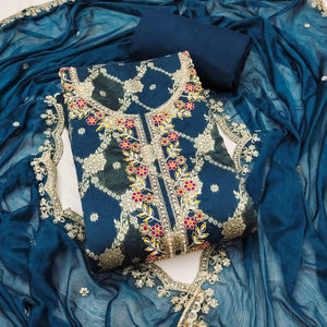 Opulent Blue Floral Woven Banarasi Silk Dress Material With Detailed Handwork & Sequin Embroidery