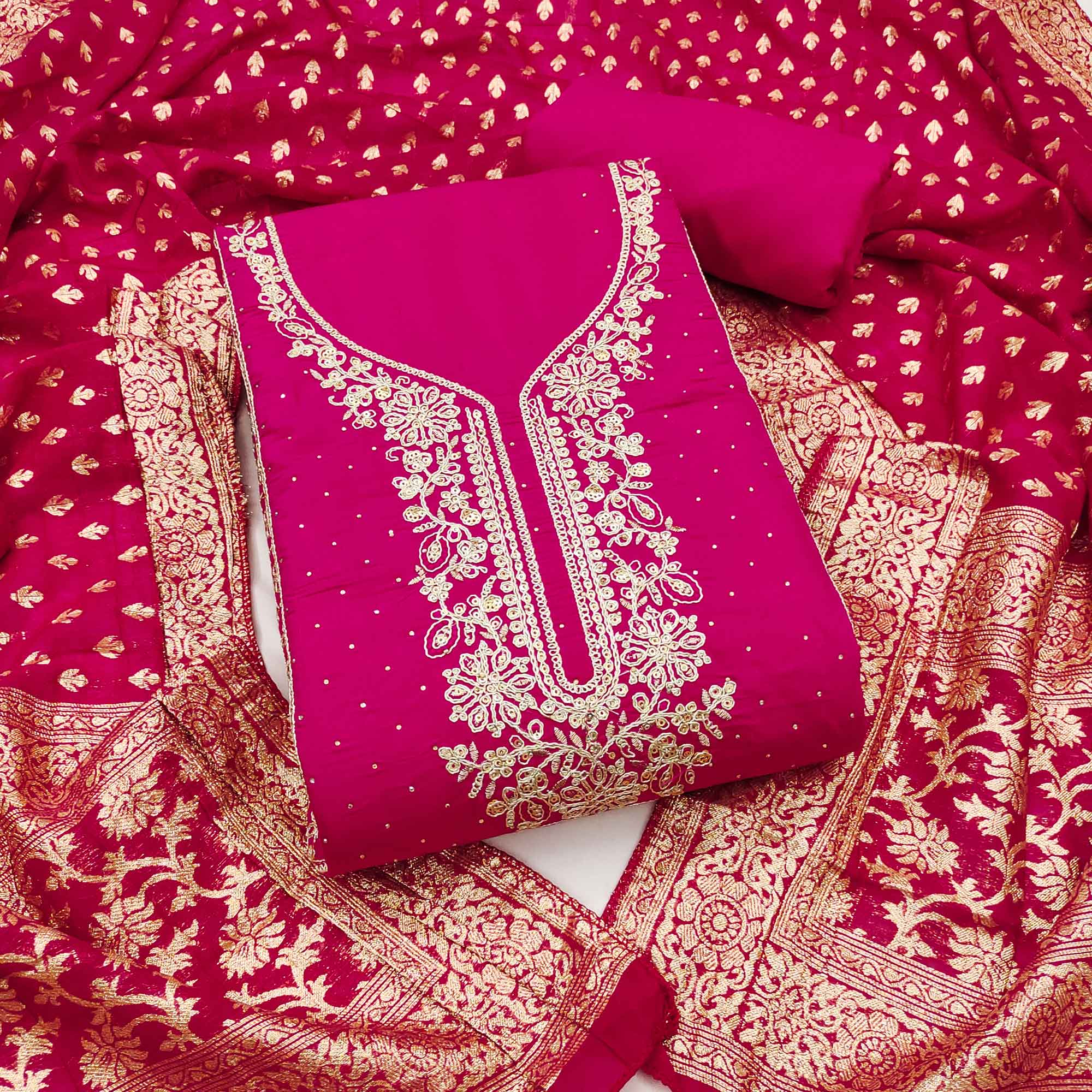 Luxury Pink  Floral Embroidered Cotton Silk Dress Material Enhanced With Swarovski Work