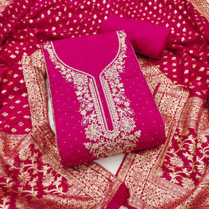 Luxury Pink  Floral Embroidered Cotton Silk Dress Material Enhanced With Swarovski Work