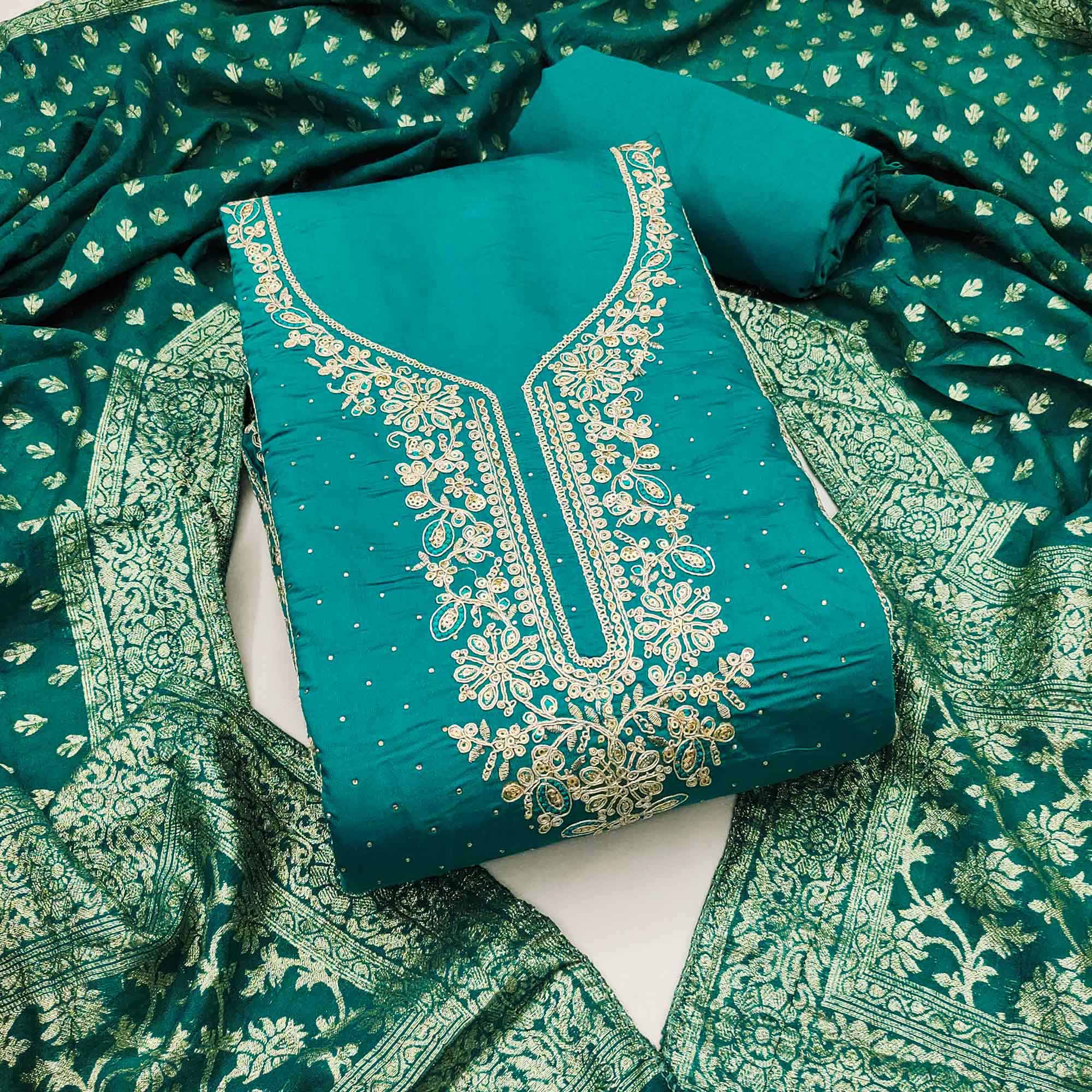 Luxury Rama Blue Floral Embroidered Cotton Silk Dress Material Enhanced With Swarovski Work