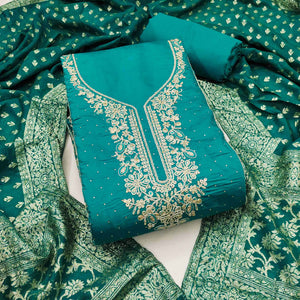 Luxury Rama Blue Floral Embroidered Cotton Silk Dress Material Enhanced With Swarovski Work