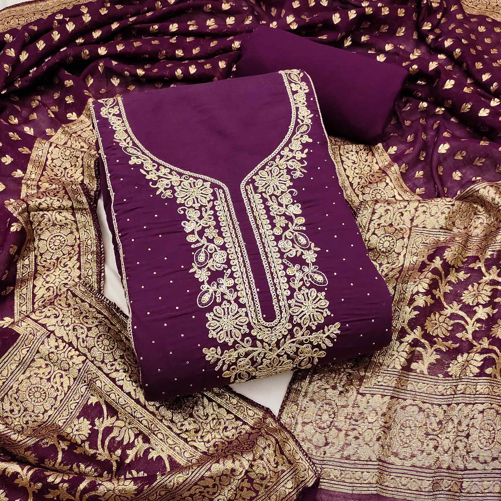 Luxury Wine Floral Embroidered Cotton Silk Dress Material Enhanced With Swarovski Work