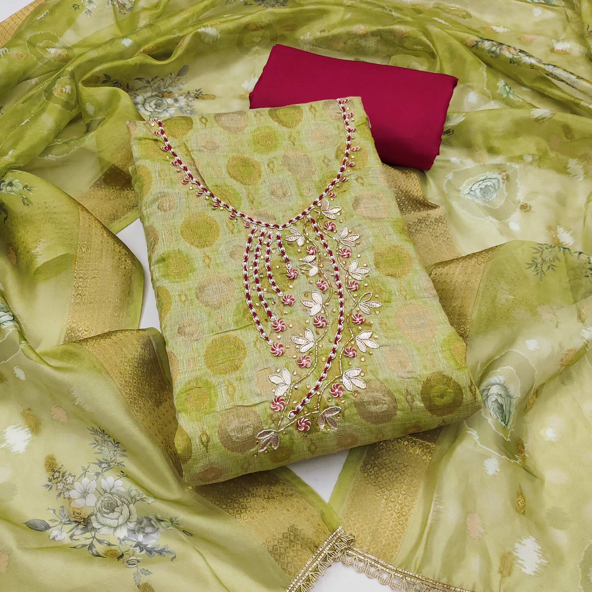 Sophisticated Green Zari Woven Jacquard Dress Material Highlighted With Floral Handwork