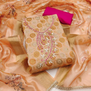 Sophisticated Light Peach Zari Woven Jacquard Dress Material Highlighted With Floral Handwork