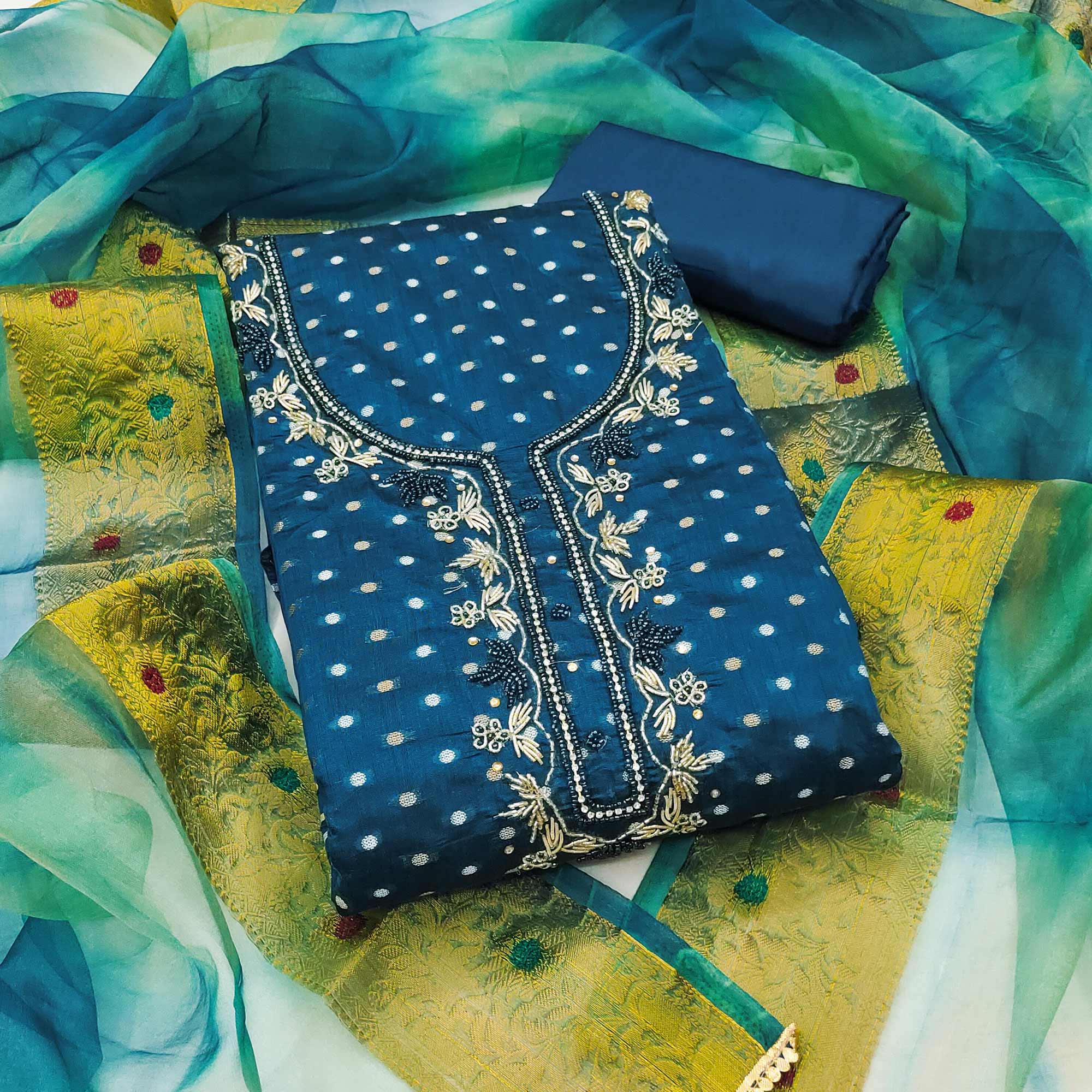 Premium Blue Woven Chanderi Silk Dress Material Highlighted with Beads & Moti Work
