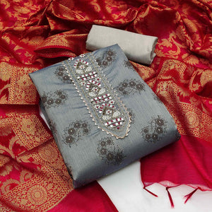 Timeless Grey Floral Printed Chanderi Silk Dress Material Enhanced With Intricate Moti Handwork