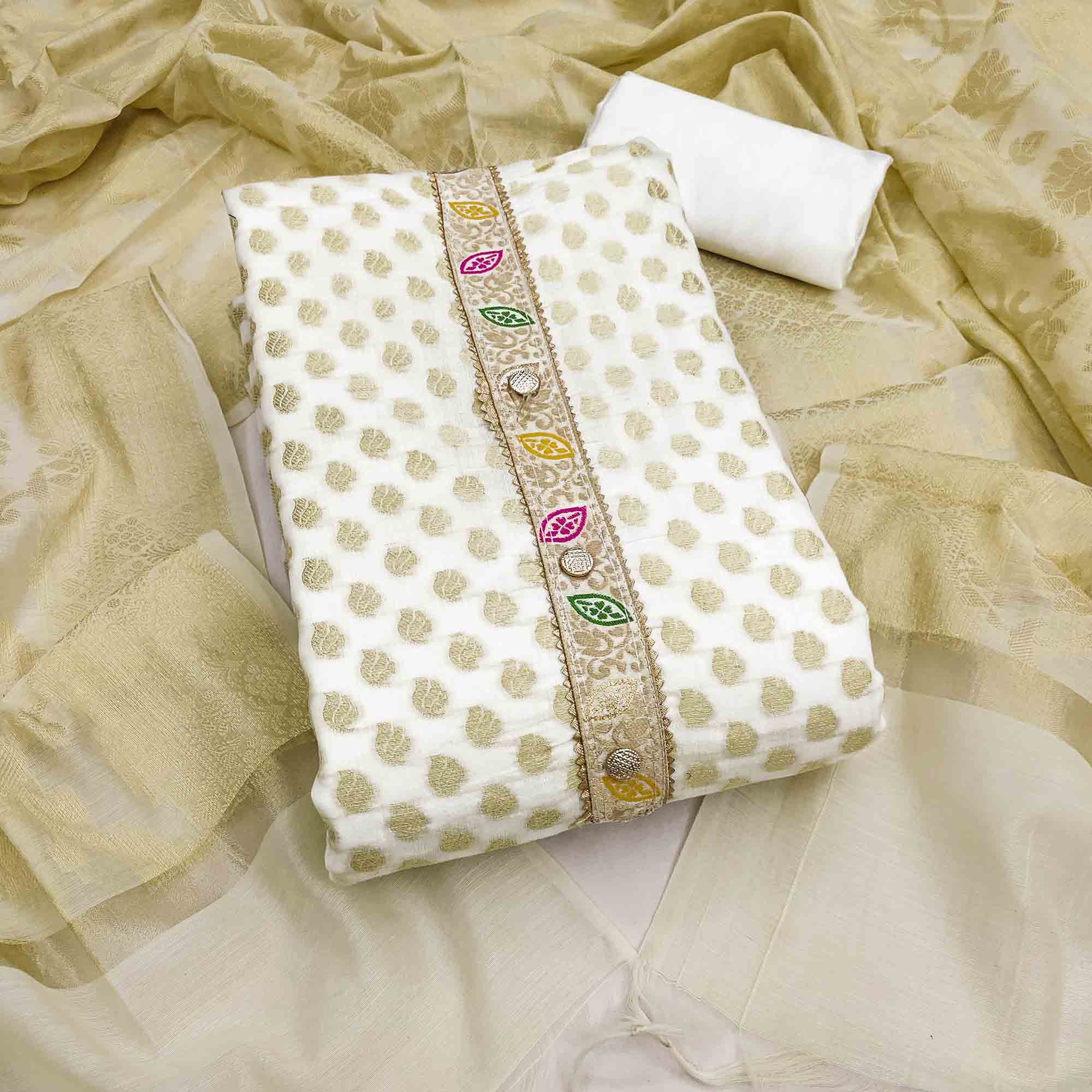 Luxurious White Golden Butti Banarasi Silk Weaving Dress Material With Elegant Neck Work