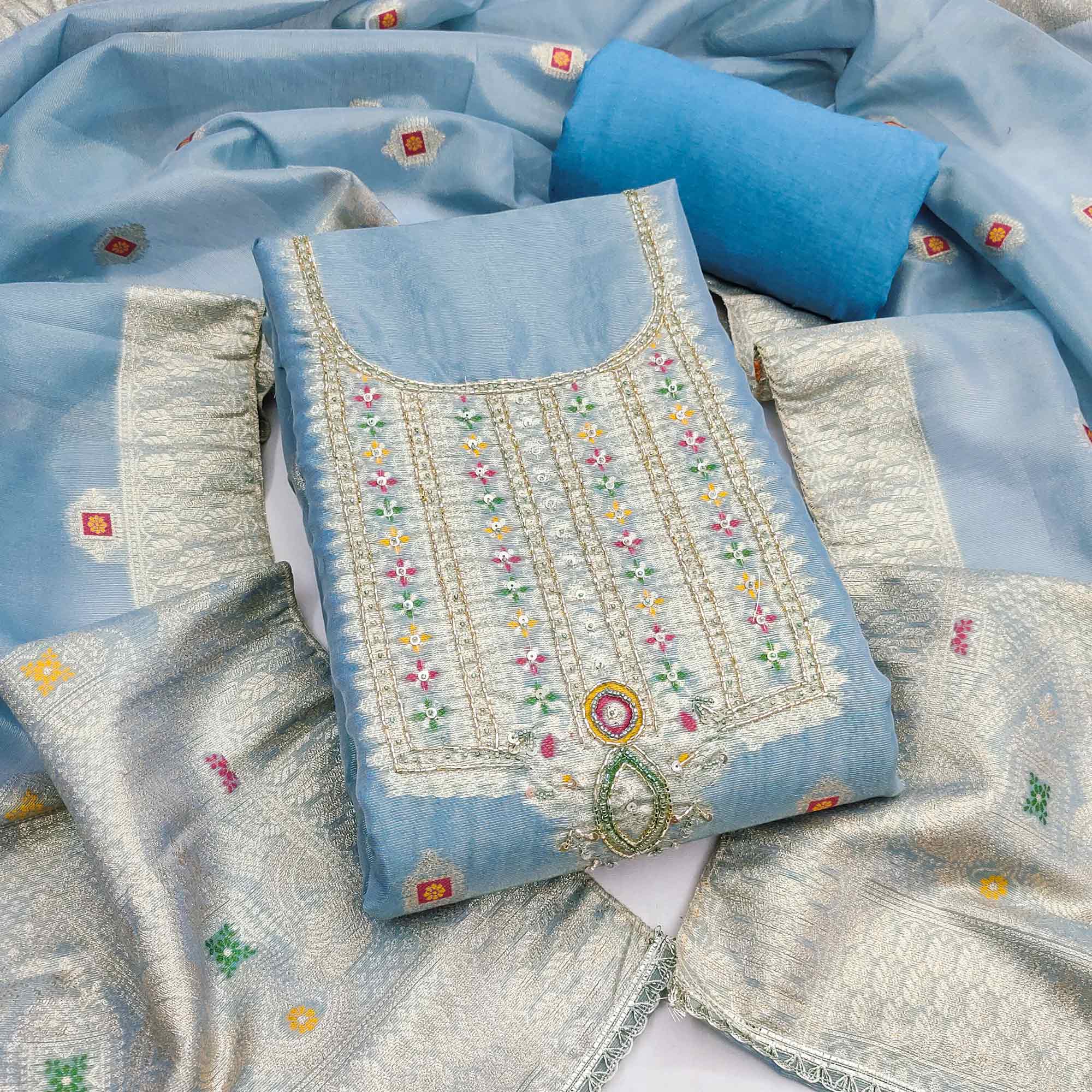 Elegant Blue Floral Weaving Shimmer Banarasi Dress Material With Beads & Sequins Neckline Work