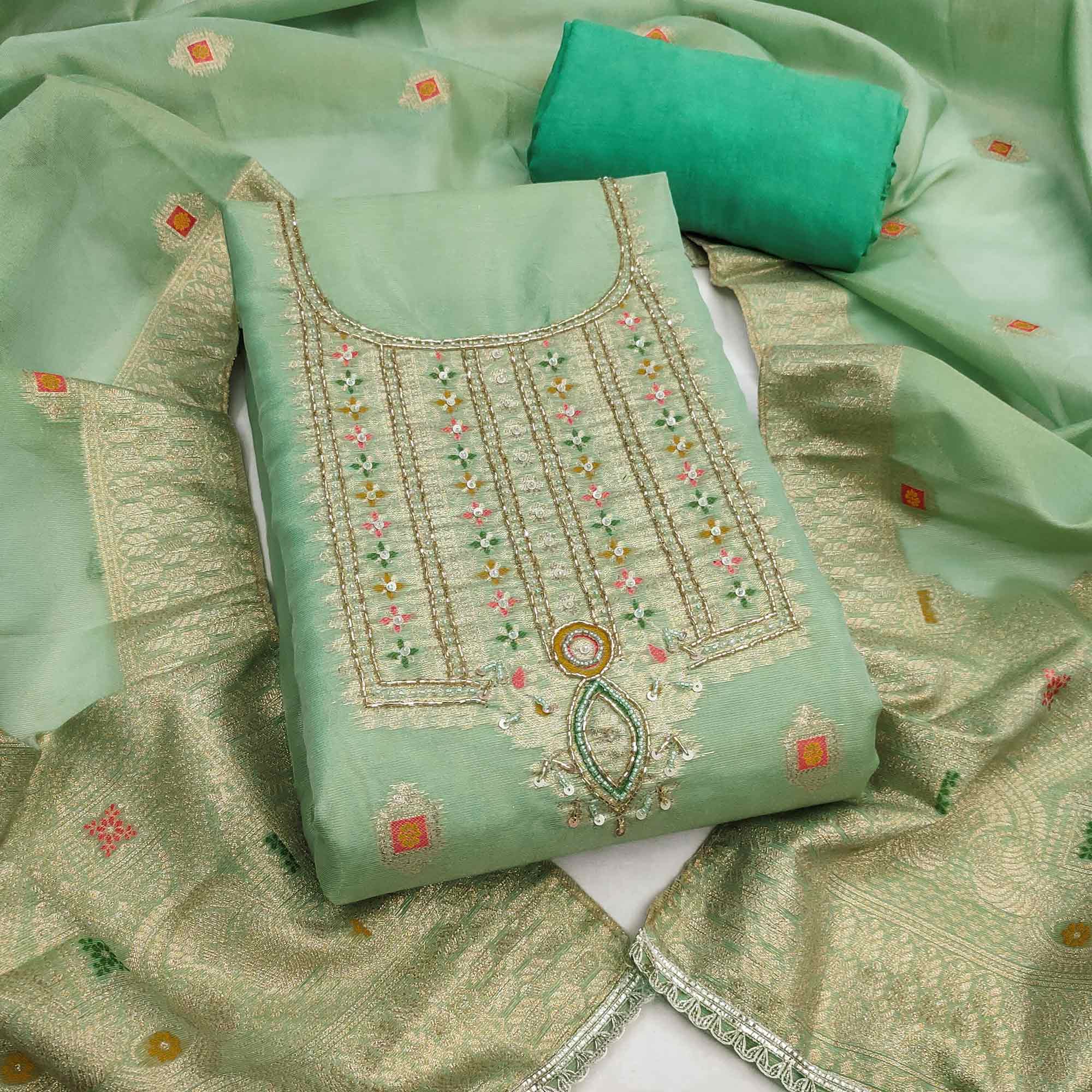 Elegant Green Floral Weaving Shimmer Banarasi Dress Material With Beads & Sequins Neckline Work