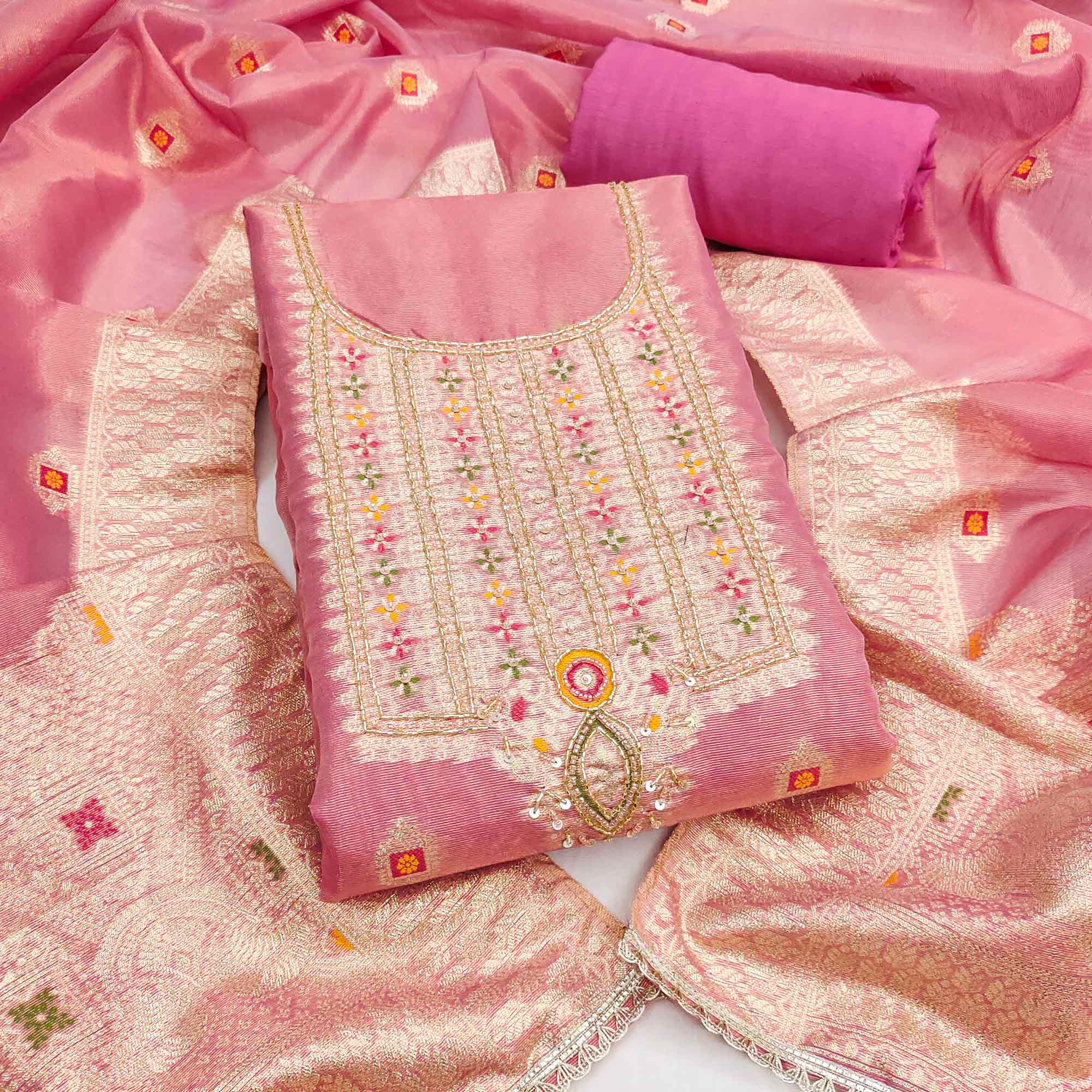 Elegant Pink Floral Weaving Shimmer Banarasi Dress Material With Beads & Sequins Neckline Work