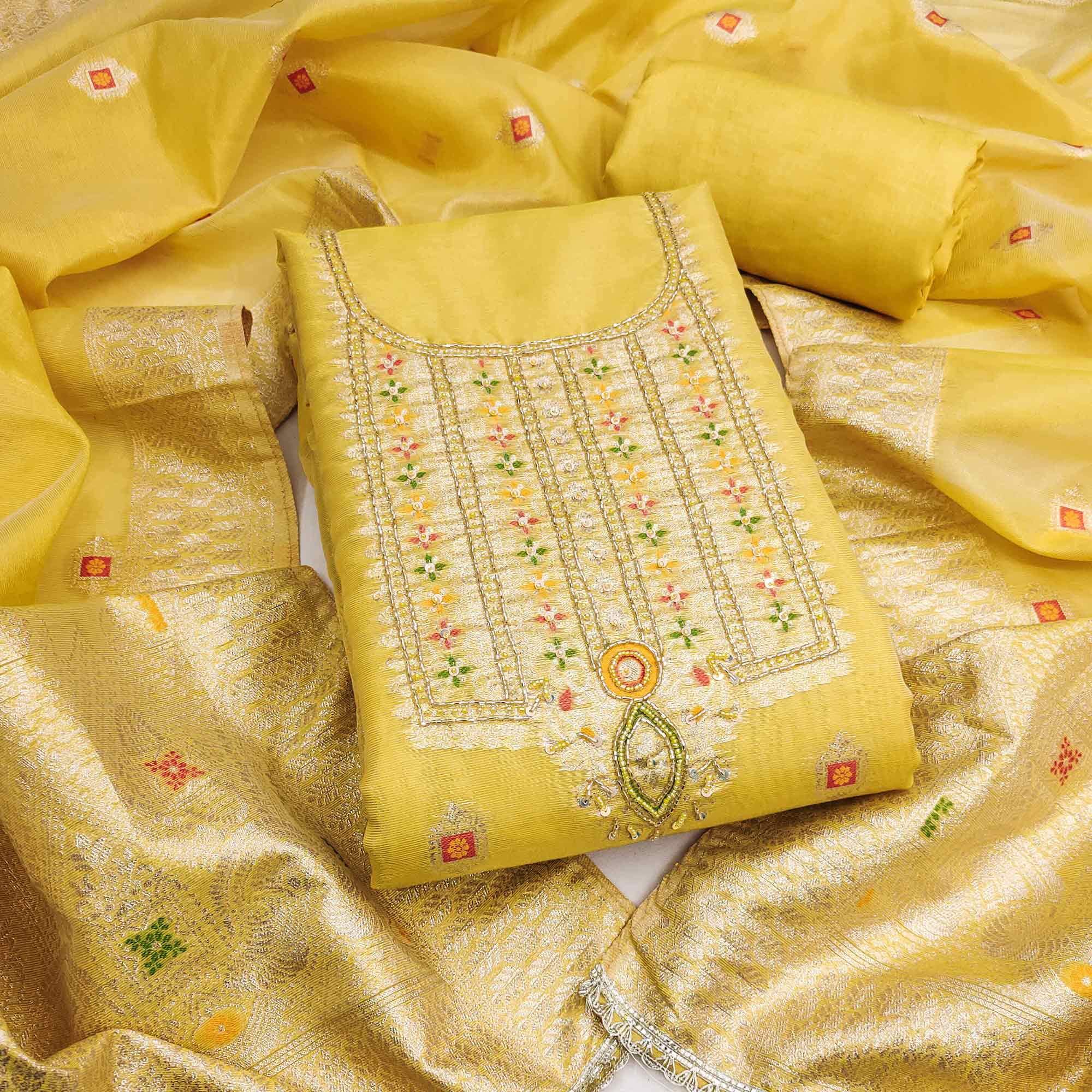 Elegant Yellow Floral Weaving Shimmer Banarasi Dress Material With Beads & Sequins Neckline Work