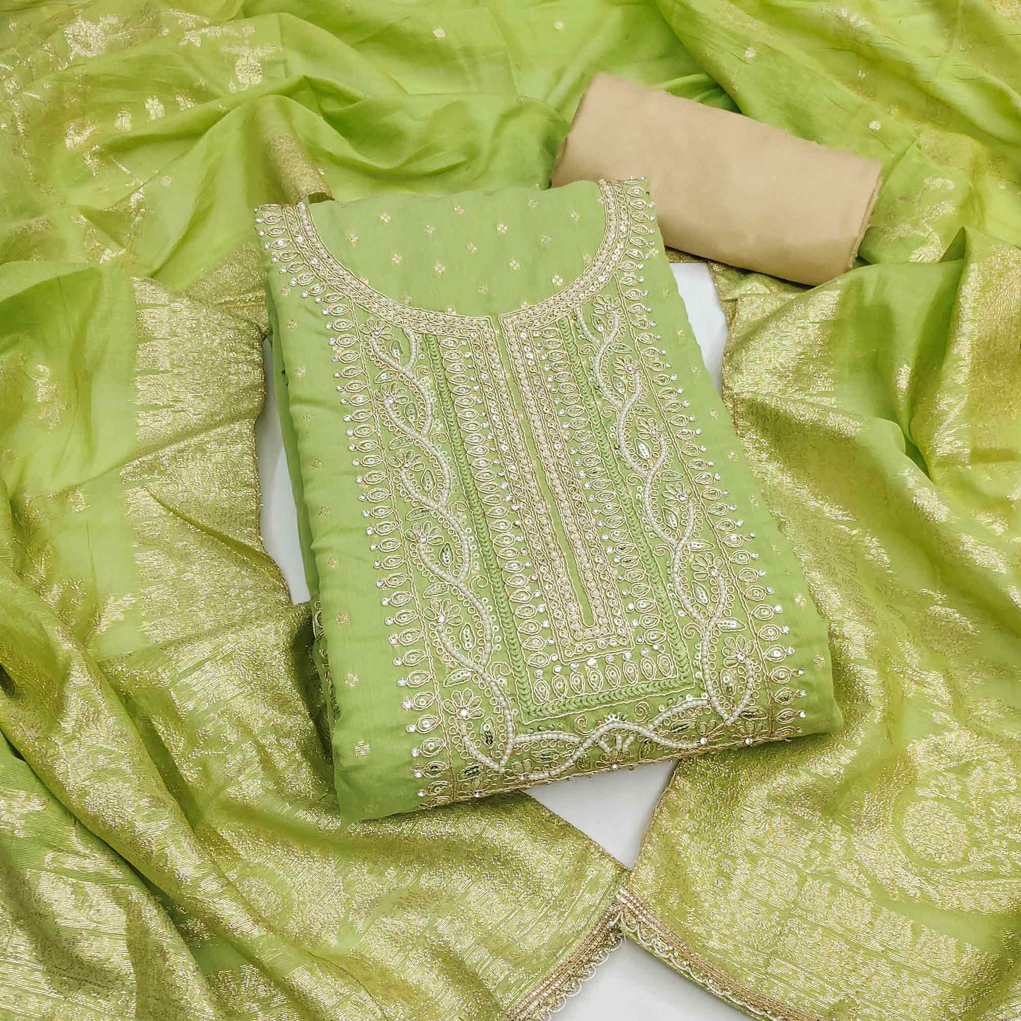 Graceful Green Cording Embroidery Chanderi Silk Banarasi Dress Material With Sequins & Moti Work