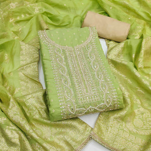 Graceful Green Cording Embroidery Chanderi Silk Banarasi Dress Material With Sequins & Moti Work