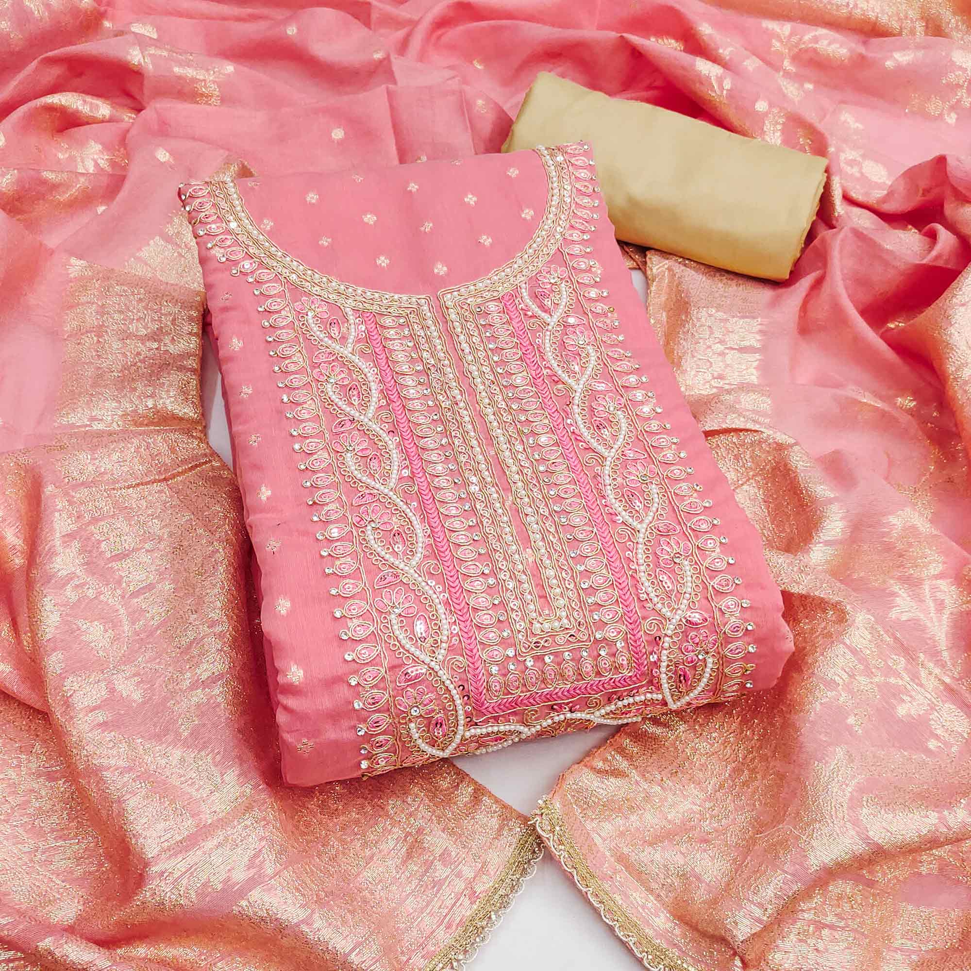 Graceful Pink Cording Embroidery Chanderi Silk Banarasi Dress Material With Sequins & Moti Work