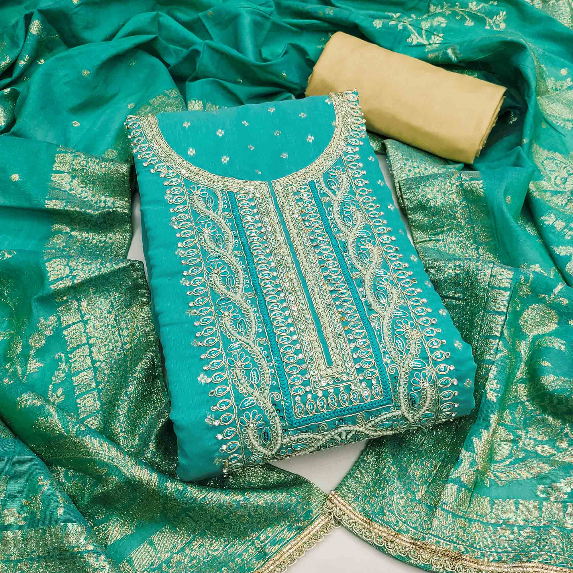 Graceful Turquoise Cording Embroidery Chanderi Silk Banarasi Dress Material With Sequins & Moti Work