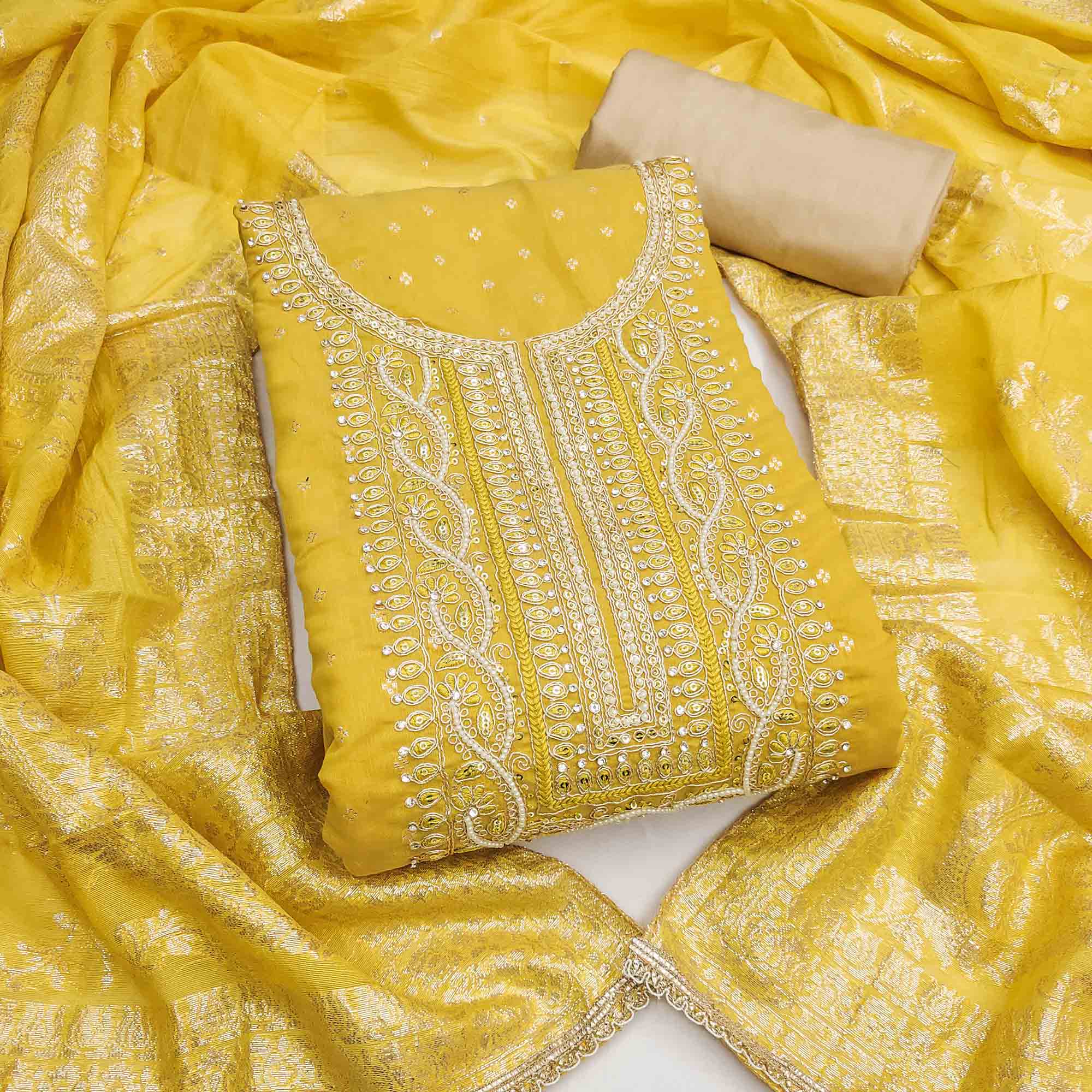 Graceful Mustard Cording Embroidery Chanderi Silk Banarasi Dress Material With Sequins & Moti Work