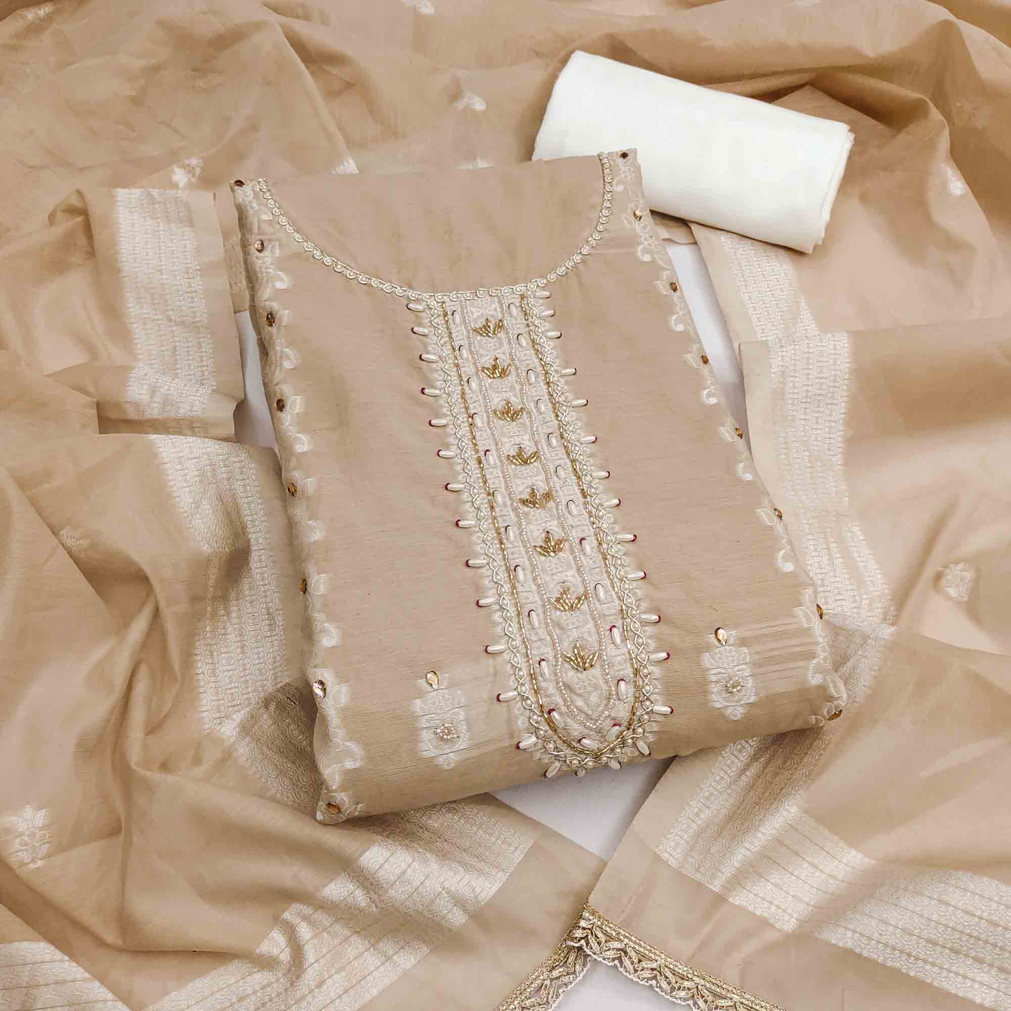 Elegant Chikoo Floral Weaving Cotton Silk Banarasi Dress Material Adorned With Beads & Stone Work