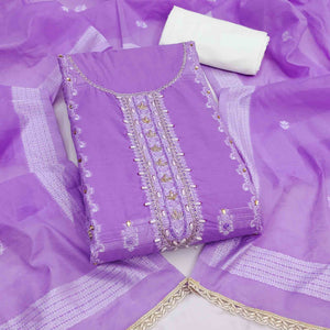 Elegant Lavender Floral Weaving Cotton Silk Banarasi Dress Material Adorned With Beads & Stone Work