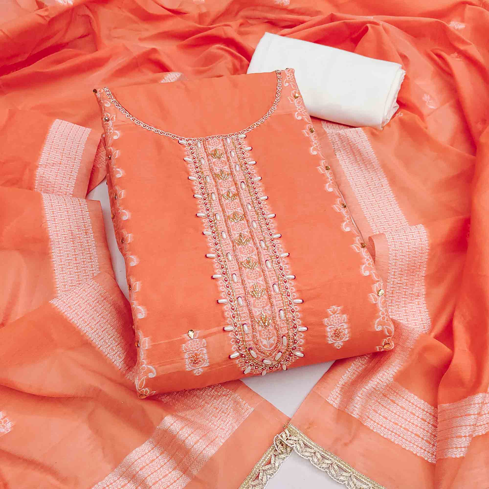 Elegant Peach Floral Weaving Cotton Silk Banarasi Dress Material Adorned With Beads & Stone Work
