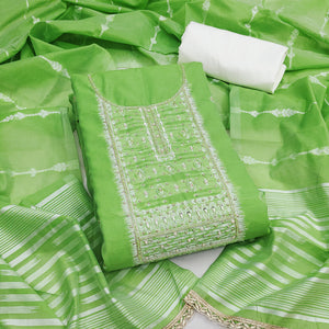 Radiant Green Woven Cotton Silk Banarasi Dress Material Adorned With Moti & Sequins Handwork