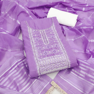 Radiant Lavender Woven Cotton Silk Banarasi Dress Material Adorned With Moti & Sequins Handwork