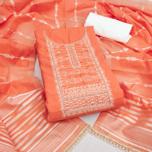 Radiant Peach Woven Cotton Silk Banarasi Dress Material Adorned With Moti & Sequins Handwork