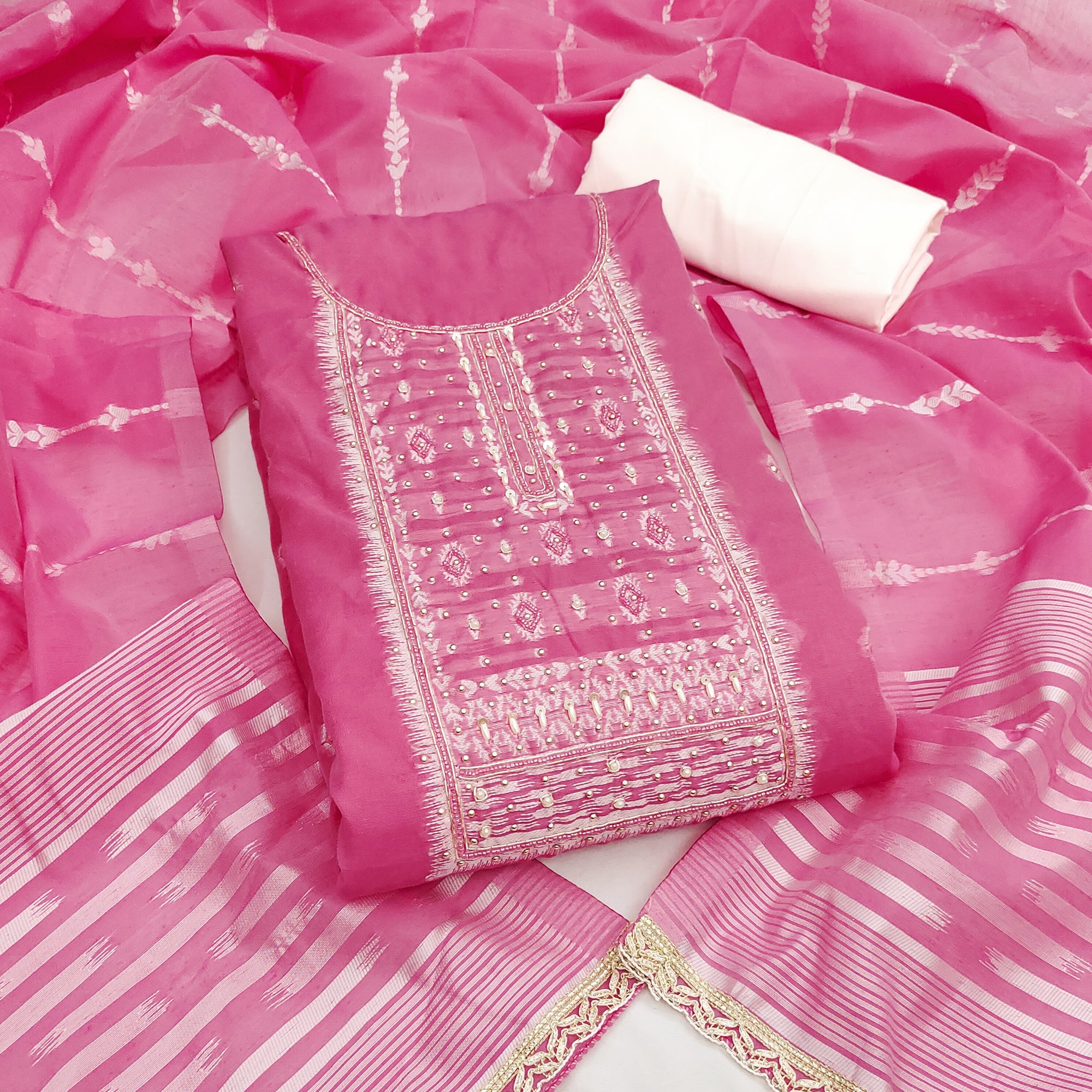 Radiant Pink Woven Cotton Silk Banarasi Dress Material Adorned With Moti & Sequins Handwork