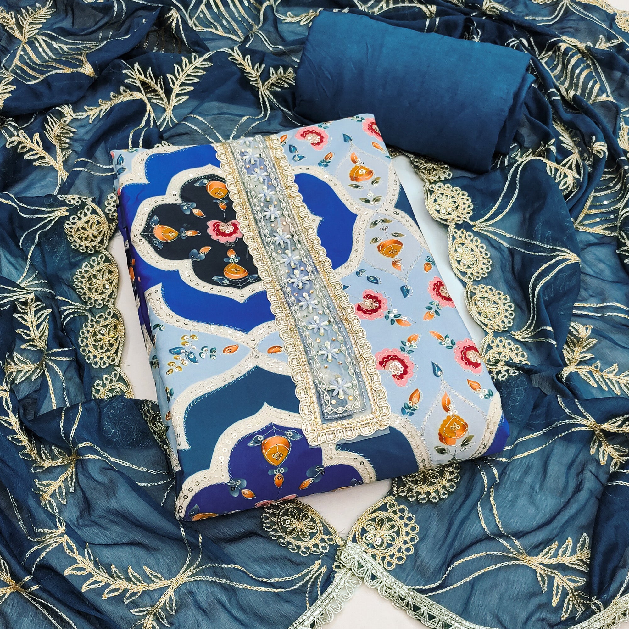 Classic Blue Floral Digital Printed Viscose Dress Material With Sequins Embroidery & Moti Handwork