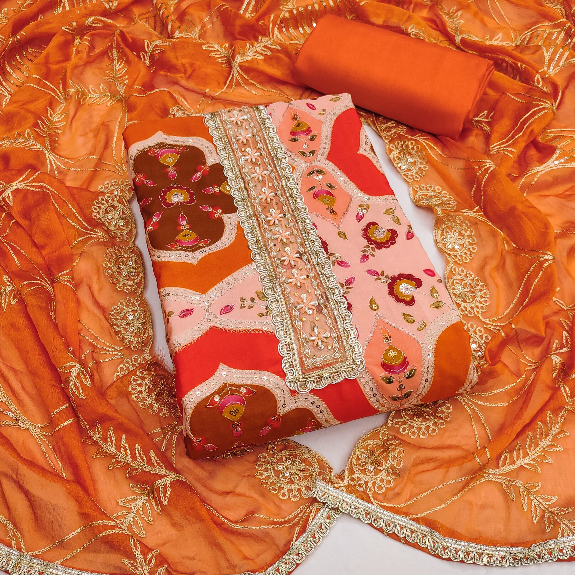 Classic Orange Floral Digital Printed Viscose Dress Material With Sequins Embroidery & Moti Handwork
