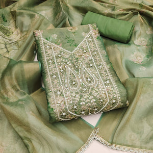 Classic Green Floral Digital Printed Viscose Dress Material With Sequins Embroidery & Moti Handwork